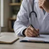 Richtlijnen zijn helder. De praktijk niet altijd - Samhealth Zorgverlener maakt aantekeningen tijdens een consultmoment, in een setting die besluitvorming in de praktijk weerspiegelt waarin hij afwegingen maakt aan de hand van richtlijnen.