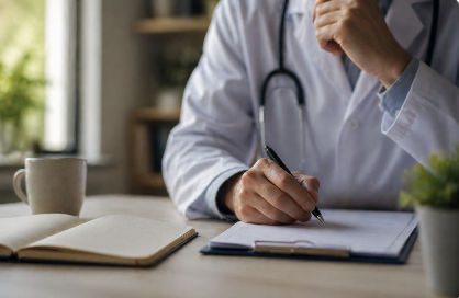 Richtlijnen zijn helder. De praktijk niet altijd - Samhealth Zorgverlener maakt aantekeningen tijdens een consultmoment, in een setting die besluitvorming in de praktijk weerspiegelt waarin hij afwegingen maakt aan de hand van richtlijnen.